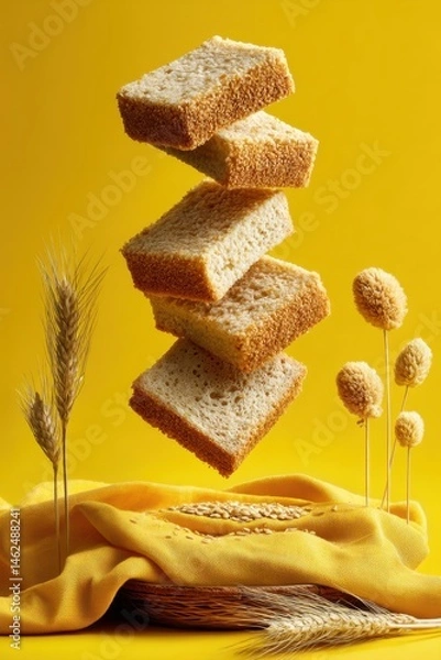 Fototapeta Floating Shredded Wheat Slices in Vibrant Yellow Setting – Shredded Wheat Day