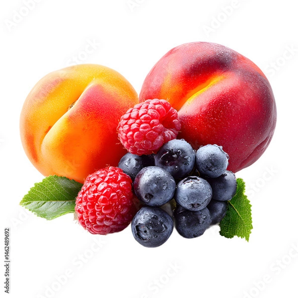 Fototapeta Fresh summer fruits including juicy peaches, sweet raspberries, and plump blueberries arranged on a white background creating a delicious and vibrant composition.