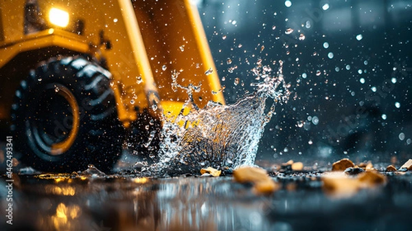 Fototapeta An action shot of a construction vehicle creating a water splash. Capturing the dynamic interplay of water light and machinery. Great for advertisements.