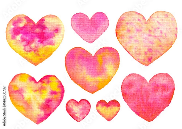 Fototapeta Colorful watercolor hearts in various sizes and colors