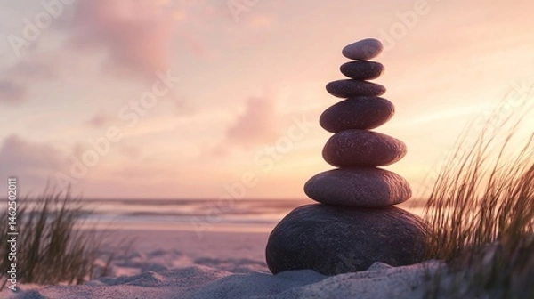 Obraz Zen stones stacked on a sandy beach at sunset with pink sky and tall grass on the sides