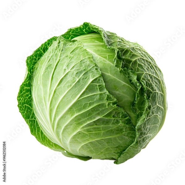 Fototapeta The fresh green cabbage, showcasing its crinkled leaves and dense head, is captured in stunning detail against a crisp white background illuminating its texture.
