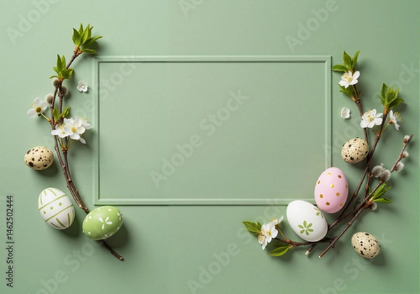 Fototapeta Easter eggs and blossoms creating a festive frame on green backdrop  