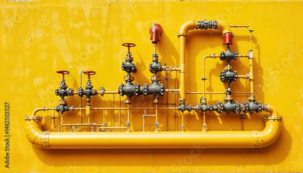 Fototapeta Industrial Pipeline Network Showing Yellow Pipes and Valve Structures Outdoors