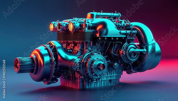 Fototapeta Detailed Mechanical Engine With Bright Neon Lights and Technology Focus