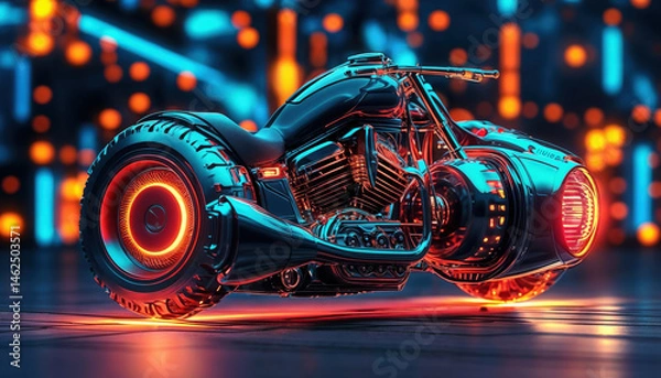 Fototapeta Detailed Mechanical Engine With Bright Neon Lights and Technology Focus