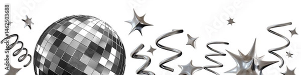Obraz Stunning chrome disco ball surrounded by shiny stars and chrome ribbons, on transparent background, creating vibrant and energetic vibe suitable for celebrations and events. Footer, bottom border.