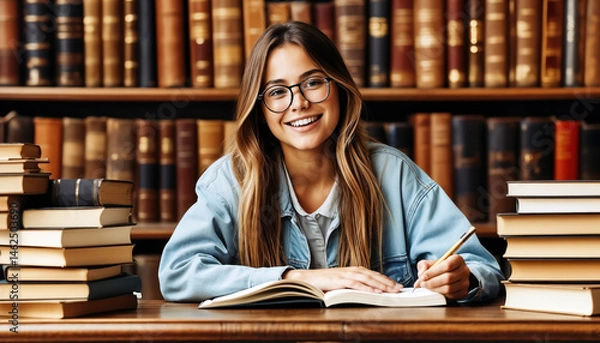 Fototapeta Young Woman Studying in a Library Environment with Books and Notebooks