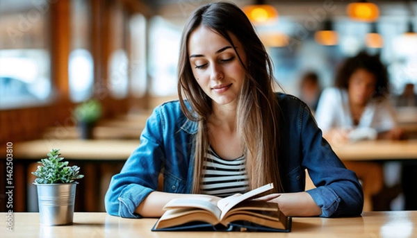 Fototapeta Young Woman Studying in a Library Environment with Books and Notebooks