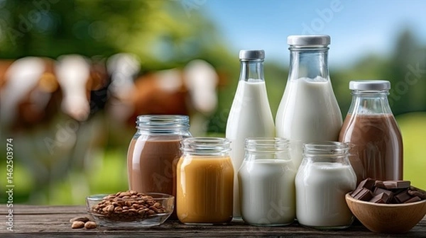 Fototapeta Bright dairy products displayed on a wooden table with a blurred white cow in the lush green meadow background
