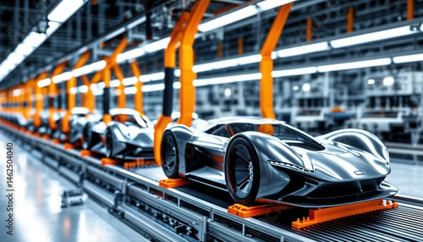 Fototapeta Modern Robotic Factory Producing High-Tech Orange Sports Cars in Assembly Line