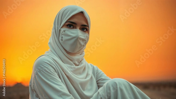 Fototapeta Portrait of a Woman in Hijab and Mask at Sunset