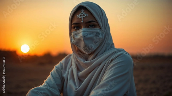Fototapeta Portrait of a Woman in Hijab and Mask at Sunset