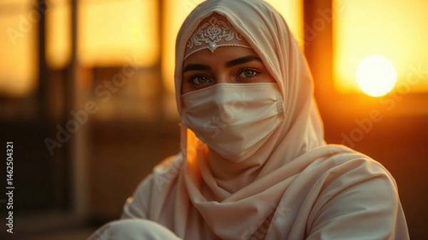 Fototapeta Portrait of a Woman in Hijab and Mask at Sunset