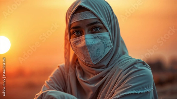 Fototapeta Portrait of a Woman in Hijab and Mask at Sunset