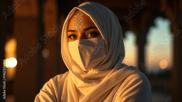 Fototapeta Portrait of a Woman in Hijab and Mask at Sunset