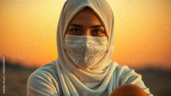 Fototapeta Portrait of a Woman in Hijab and Mask at Sunset