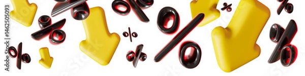 Fototapeta Bold discount signs and dynamic arrows create striking sale-themed header. This 3D render captures attention with vivid colors, perfect for promotional content. Top border, panoramic design element.