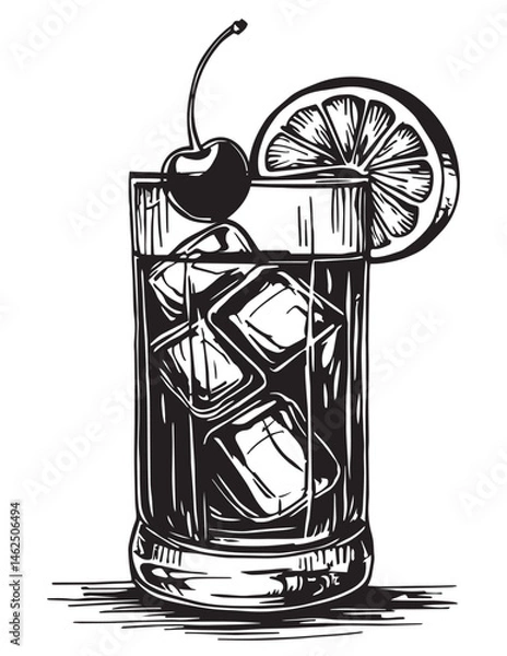 Obraz Monochrome old fashioned cocktail with ice, cherry for design of bar menu. American alcohol cocktail with whisky and bourbon for drink party. Line art, hand-drawn illustrations for bar or drink menu