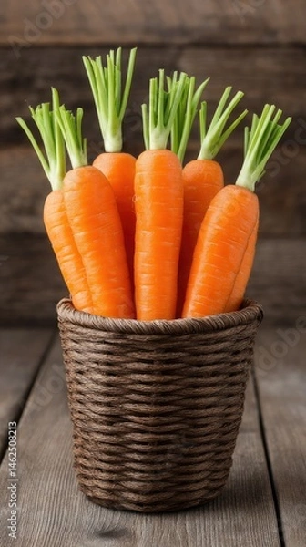 Fototapeta A rustic wicker basket filled with freshly harvested carrots is beautifully showcased outdoors, basking in vibrant natural sunlight
