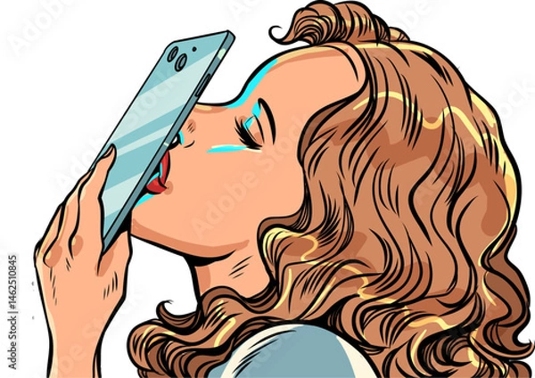 Fototapeta Woman kissing phone screen. Finding relationships on dating app. Love with artificial intelligence.
