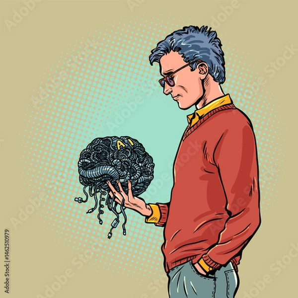 Fototapeta A man's reflection on the creation of intelligence. A man holds the brain of artificial intelligence in his hands. The creator and his creation.