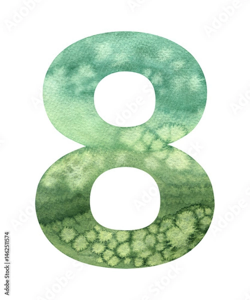 Fototapeta Watercolor illustration green collection number eight 8. Hand painted numbers alphabet watercolour drawing isolated background element. Creative design, sticker invitation, save the date card clipart 