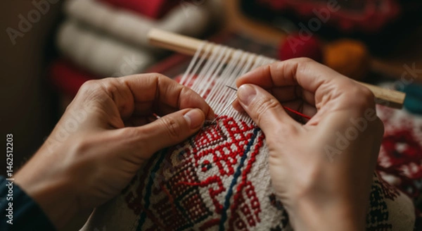 Fototapeta Close up detail of hands weaving traditional Georgian textile on loom. Artisan skill creating patterned fabric. Handicraft and cultural heritage concept