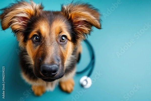 Fototapeta German Shepherd puppy sits adorably with a stethoscope around its neck, looking curiously at the camera. The vibrant blue background enhances the playful mood of this cute scene.