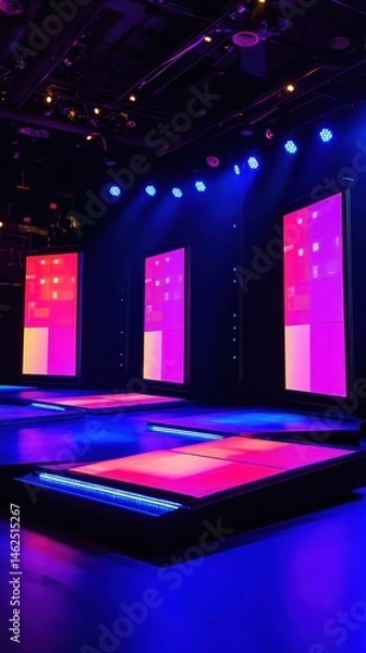Fototapeta High-tech quiz show stage with interactive screens studio digital environment eye-level view