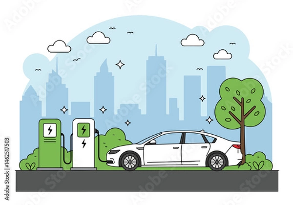 Fototapeta Adobe Illustrator Artwork Scenic vector flat illustration of a white and green electric car charging at a station with a mountain backdrop. Promotes clean energy, ecology, and sustainable transport