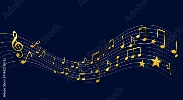 Fototapeta Golden Music Notes & Stars Ascend on Wavy Staff Lines Against Deep Navy, Creating an Elegant & Harmonious Design for Concerts, Classical Performances and Events with Cultural Richness