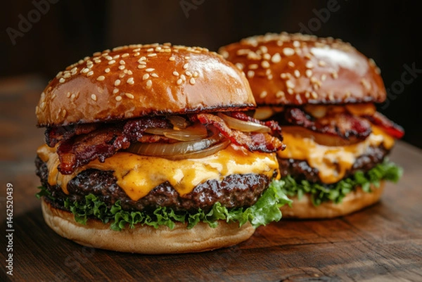Fototapeta cheeseburgers featuring bacon and cheese, placed on a wooden table.