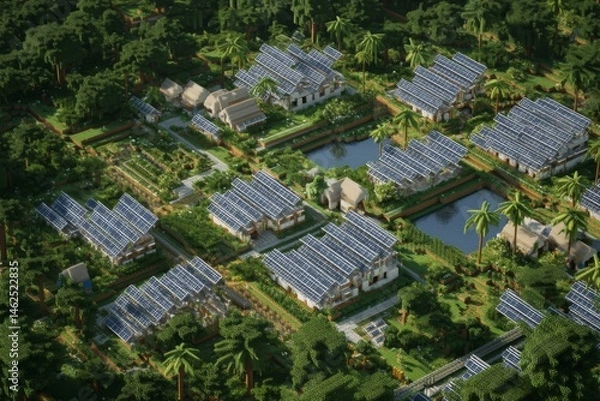 Fototapeta A vibrant community showcases eco-friendly homes with solar panels surrounded by lush trees and water features in a tropical setting Generative AI