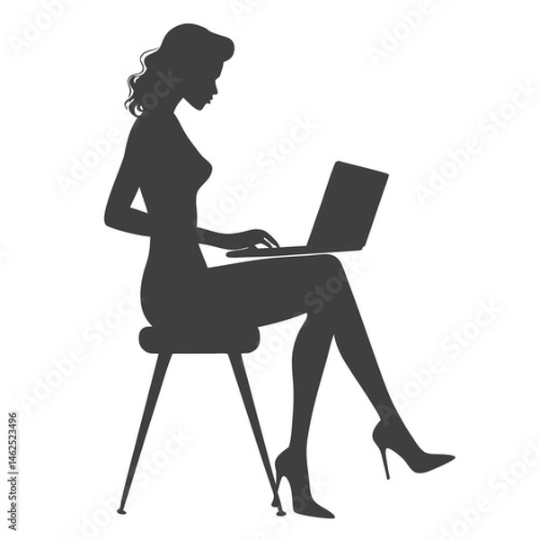 Fototapeta Stylish Female Silhouette Sitting and Typing on a Portable Computer
