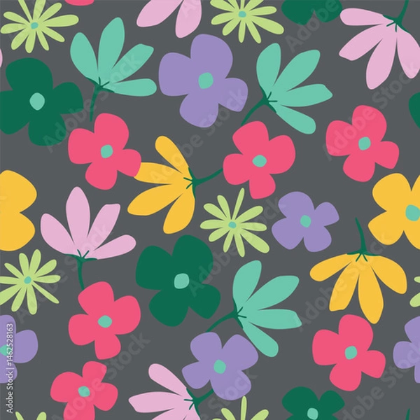 Fototapeta Seamless floral pattern, artistic ditsy print with vintage motif. Elegant botanical design with simple hand drawn plants: small white flowers, leaves on a black background. Vector illustration