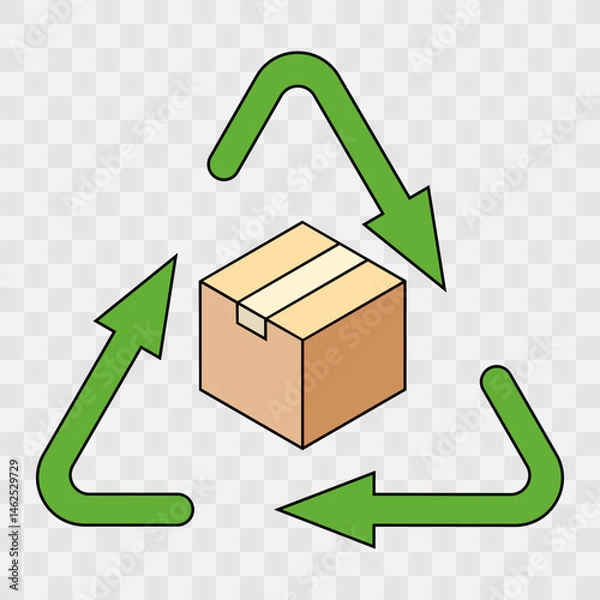 Fototapeta Cardboard packaging recycling symbol on a checkered background. Cardboard box encircled by three green arrows forming a triangular recycling symbol. Flat style vector illustration