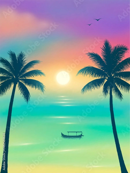 Obraz Fantasy Tropical Sunset with Palm Trees Silhouettes and Small Boat on Sea, Vibrant Gradient Sky in Summer Paradise Landscape, vector illustration