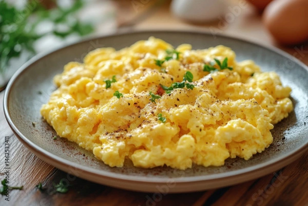 Fototapeta Scrambled eggs with parsley sprinkled on top, served in a white ceramic plate alongside crispy bacon strips and buttered toast, displayed on a wooden table.