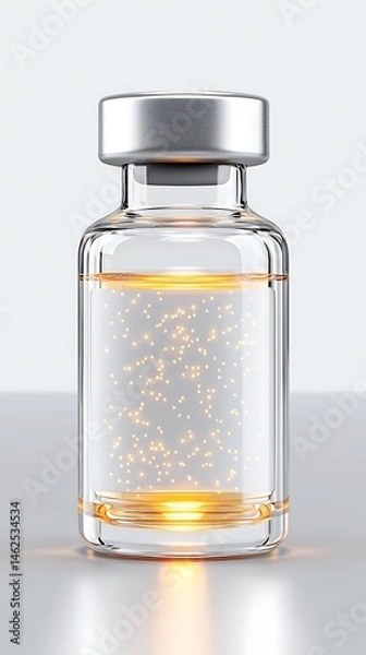 Fototapeta Medical Breakthrough COVID Vaccines Concept, Glass vial with glowing liquid and sparkles inside