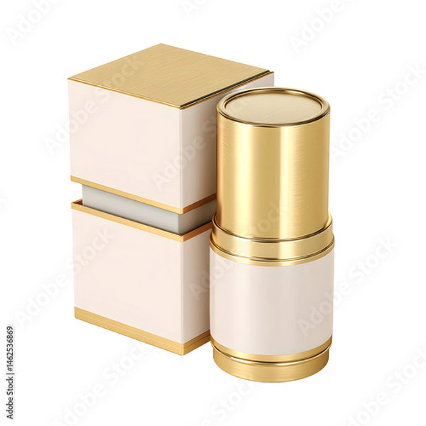 Fototapeta Elegant gold and white cosmetic container with a matching box presents a sophisticated product packaging concept on a clean white backdrop for showcasing beauty items.