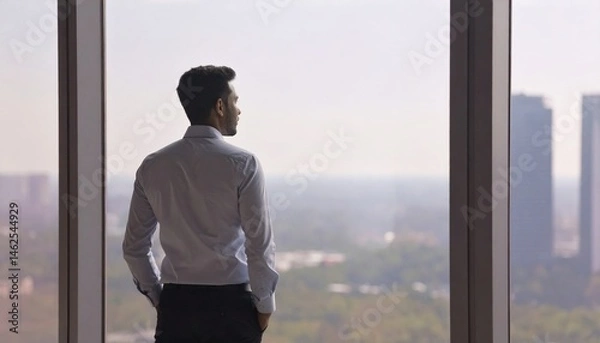 Fototapeta A man leaning against a window in his office looking out the window