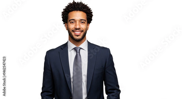 Obraz Professional headshot of smiling african american businessman in suit and tie on white background for corporate use on transparent background