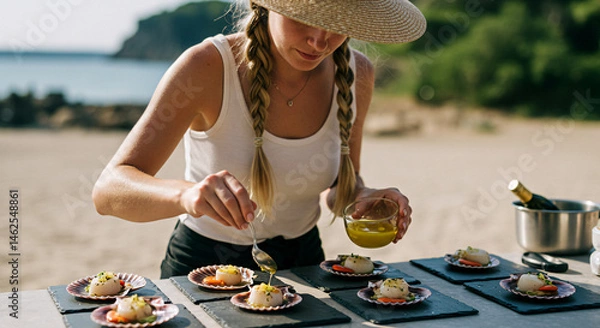 Obraz Beach catering service luxury food preparation outdoor event fine dining chef preparing gourmet dish