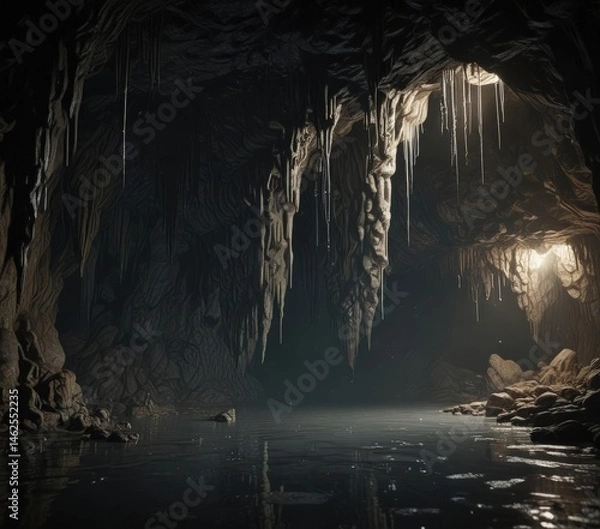Fototapeta Dark, wet cave interior; stalactites, dripping water, grunge texture, modern feel,  still,  backdrop