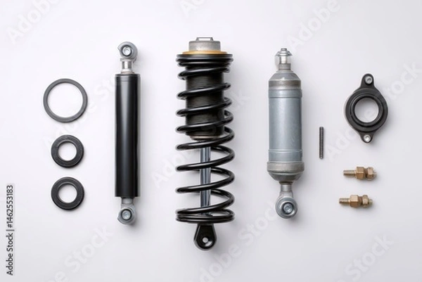 Fototapeta Car Shock Absorber, Coil Spring, Bushing, and Bolts Arranged on White Background