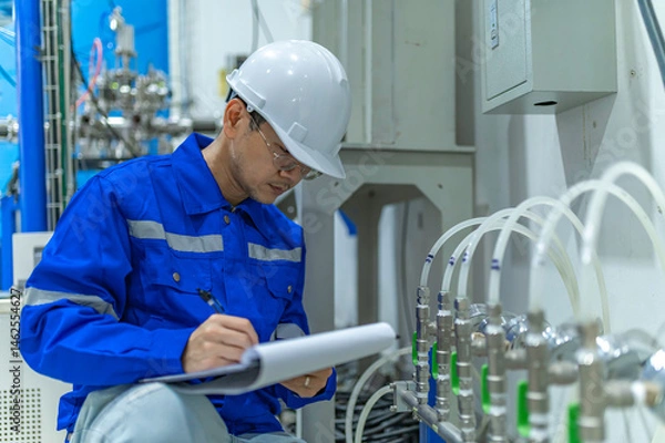 Fototapeta Asian engineer working at Operating hall,Thailand people wear helmet  work,He worked with diligence and patience,she checked the valve regulator at the hydrogen tank.
