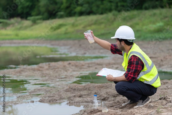Fototapeta Environmental engineers inspect water quality,Bring water to the lab for testing,Check the mineral content in water and soil,Check for contaminants in water sources.
