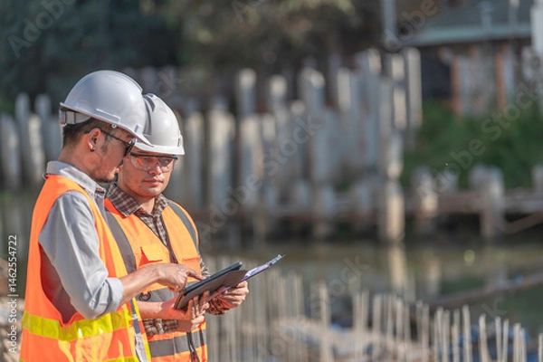 Fototapeta Construction engineer working on a bridge construction site over a river,Civil engineer supervising work,Foreman inspects work at a construction site,Discuss technical problems together