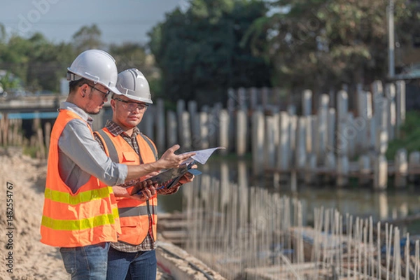 Fototapeta Construction engineer working on a bridge construction site over a river,Civil engineer supervising work,Foreman inspects work at a construction site,Discuss technical problems together